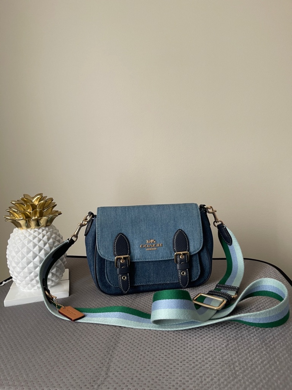 NWOT...Coach Denim Crossbody with Green & Blue Striped Strap